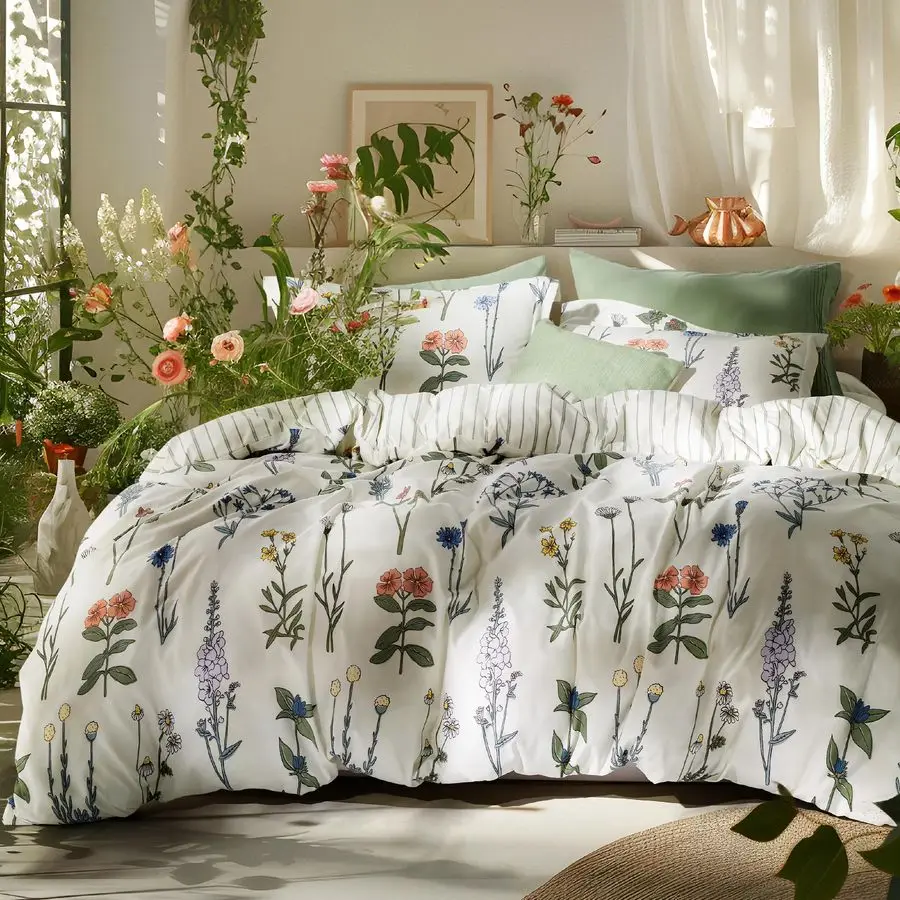 

Comforter Set Queen Size Cute Floral Bedding Comforter Set, 3 Pieces, 1 Soft Reversible Coconut White Botanical Flowers Comforte