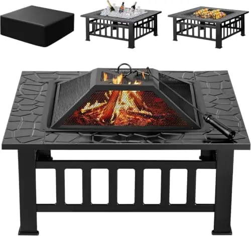 Outdoor Fire Pit, 32 Inch Firt Table Metal Outdoor Fireplaces with Waterproof Cover for Outside Patio Camping (Black)