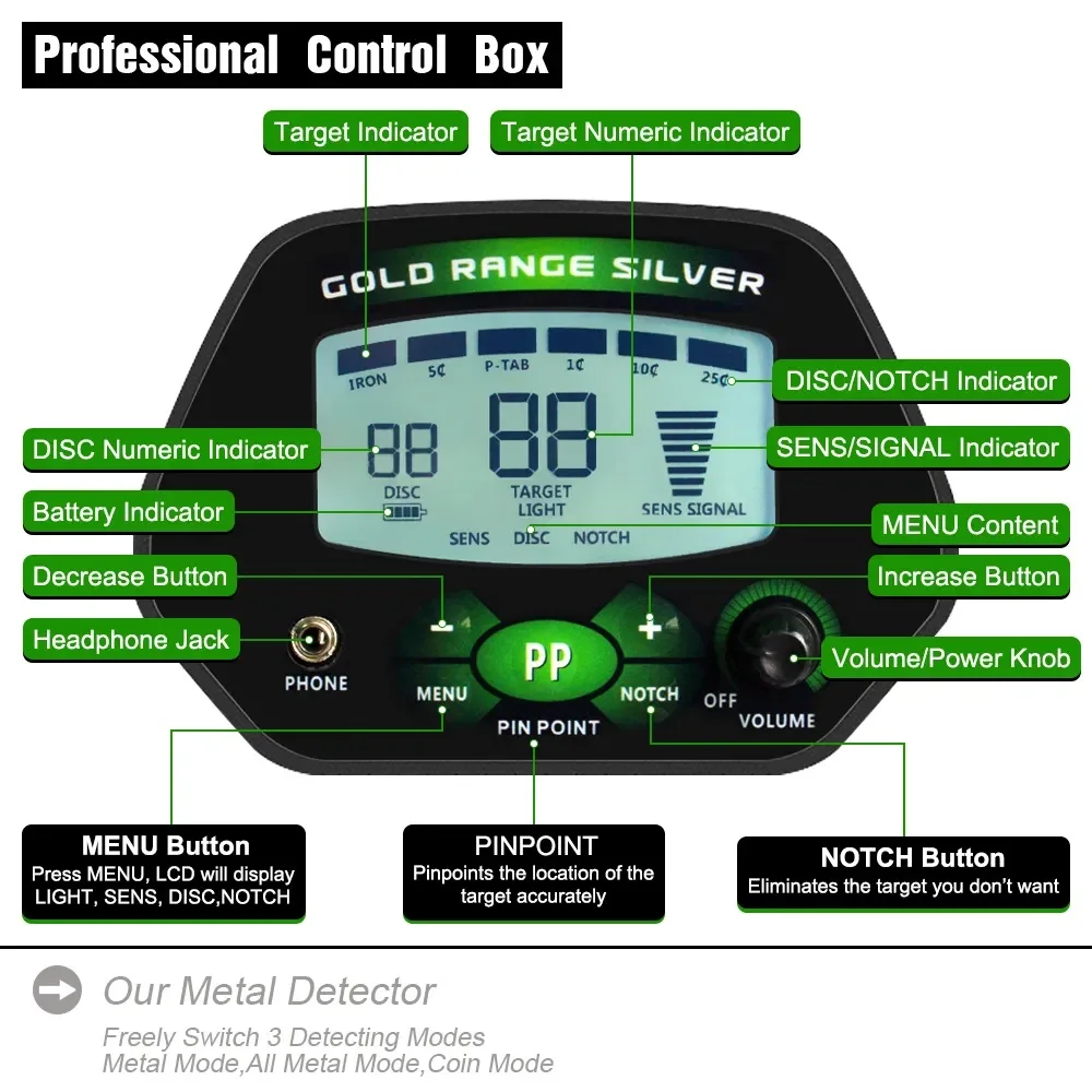 Metal Detector impermeabile IP68 per adulti con bobina di ricerca ad alta precisione da 10 '', modalità interamente in metallo e disco e tacca e puntale
