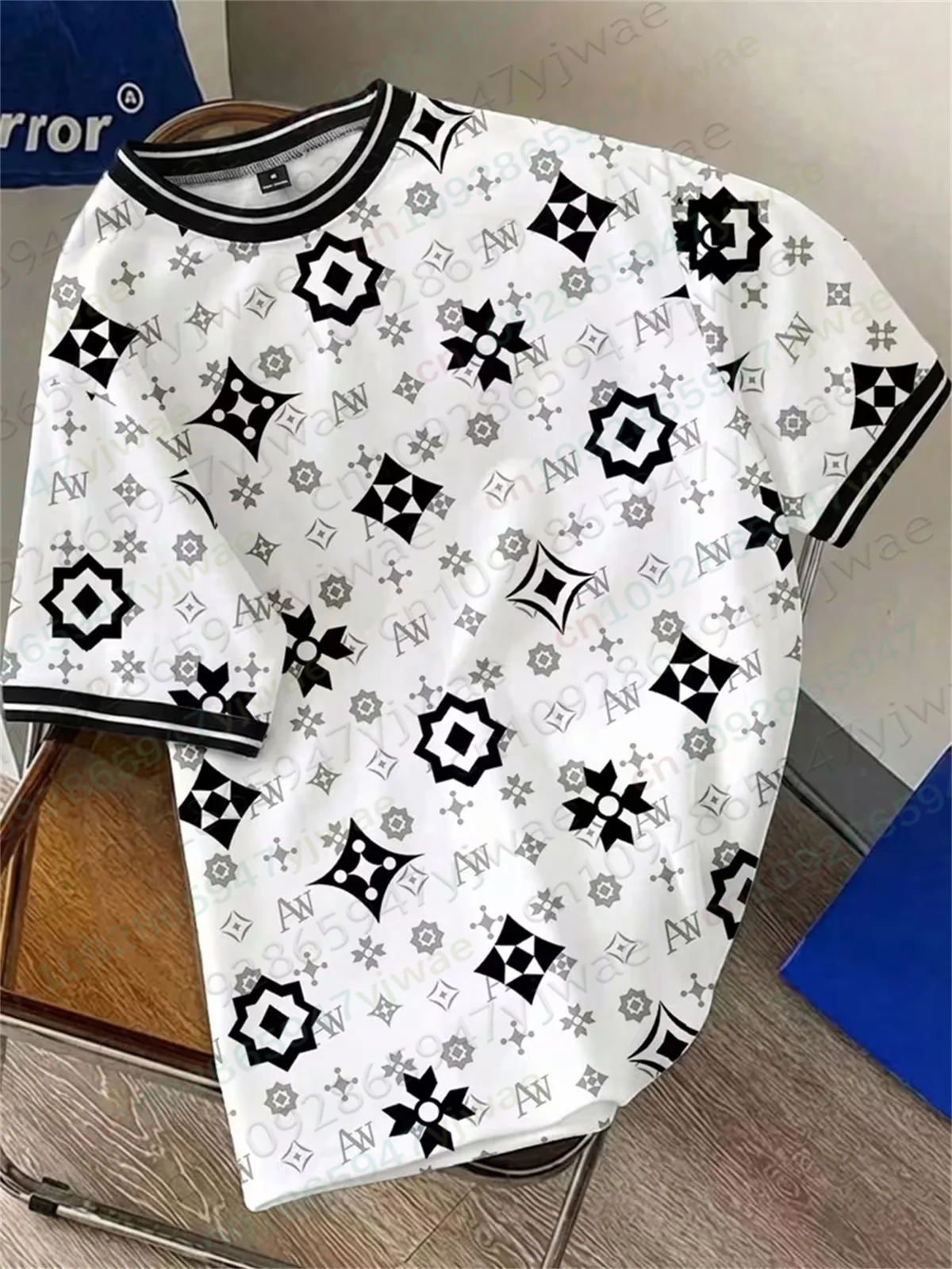 T-shirt de luxe imprimé monogramme pour homme et femme, inspiré des grandes marques, à manches courtes, style streetwear décontracté, col rond, avec bordure rayée