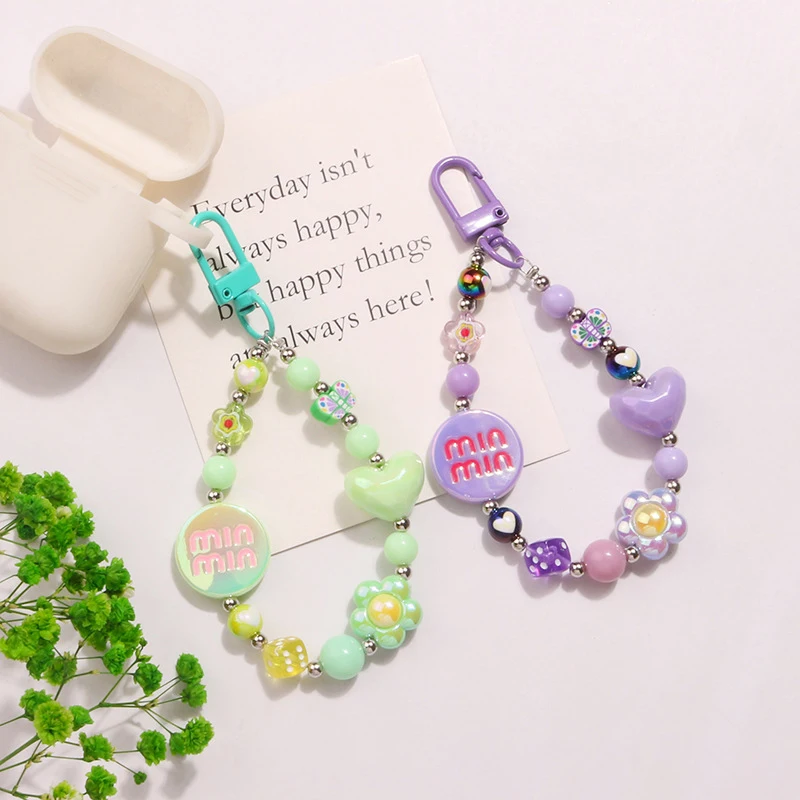 Acrylic Color-plated Heart Love Keychain Cute Flower Beaded Keyring Bag Pendant Charms Earphone Case Decoration Accessories