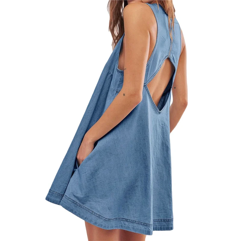 【Decorazione per feste】 Mini abito babydoll in denim senza maniche da donna Abito estivo casual con ritaglio sul retro Abito jeans fluido a trapezio con tasche