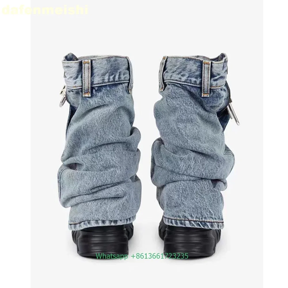 2025 New Thick Bottom Shark Boots Round Toe Wedge Black Denim Metal Lock Mid-Calf Boots Side Zipper Large Size Trouser Boots