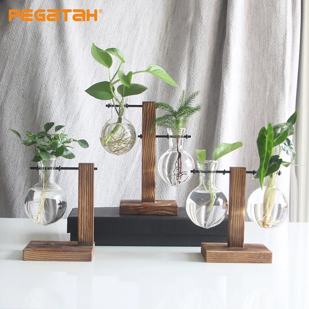 Transparent Bulb Vase with Wooden Stand Desktop Glass Planter for Hydroponics Plants Coffee Shop Room Decor