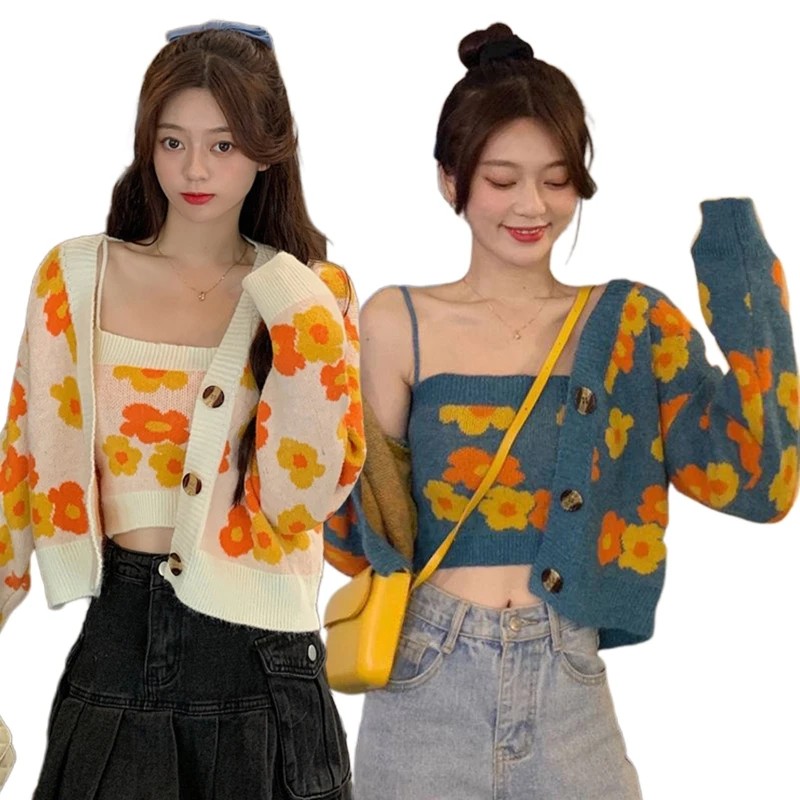 

Women Autumn Flower Jacquard Long Sleeve Button Down Knit Cropped Cardigan and Camisole Tube Top 2 Pieces Sweaters Set