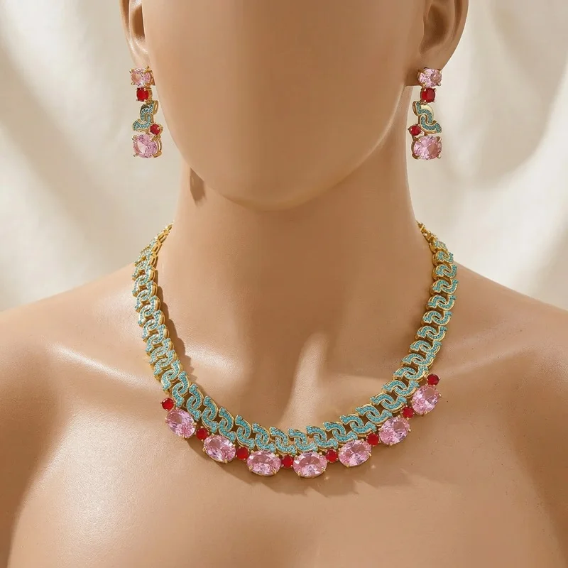 Europe America Style Earrings Necklace Women Lady Inlay Pink Oval Green Cubic Zircon Tassels S shape Chain Party Jewelry Sets