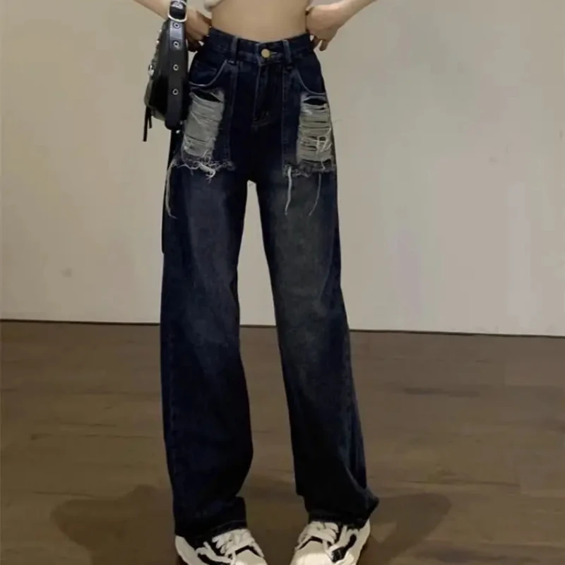 Denim Pants for Women Vintage Womens Ripped Jeans With Holes Trousers Straight Leg Grunge Y2k Korean Fashion R Luxury Designer Z