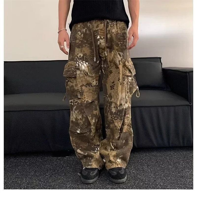 

Women's Elastic Waist Snake Pattern Camouflage Thin Pants Retro Hip Hop Street Bottoms Female Wide Leg Unisex Trousers