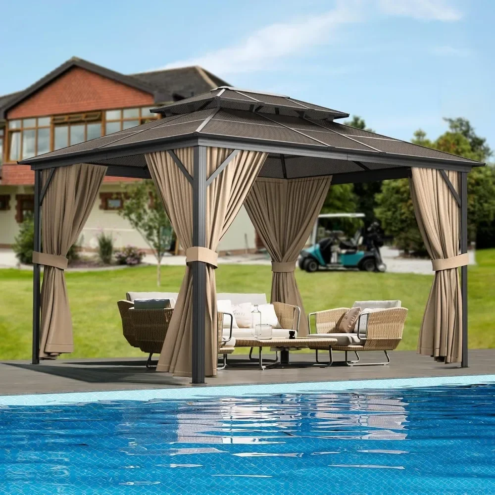 

heavy duty hardtop Outdoor terrace, polycarbonate double roof, aluminum frame, includes shade curtains and mesh