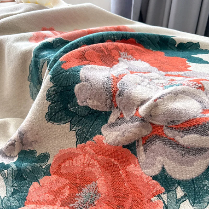 Fashion Peony Flower Print Shawl Women Imitation Cashmere Warm Scarf Autumn Winter Double Sided Ladies Pashmina Cape Cloak