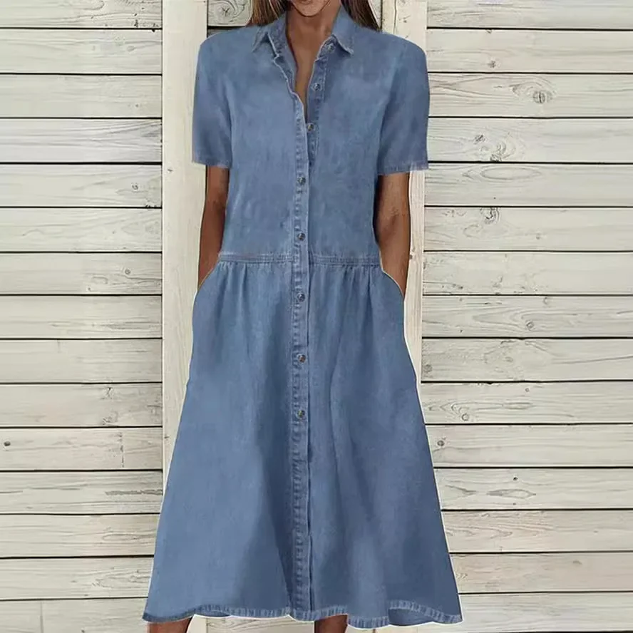 Casual Jeans Shirt Dress Spring Summer Denim Dress for Women Loose Short Sleeve Cardigan Ladies Womens Denim Shirt Long Dresses