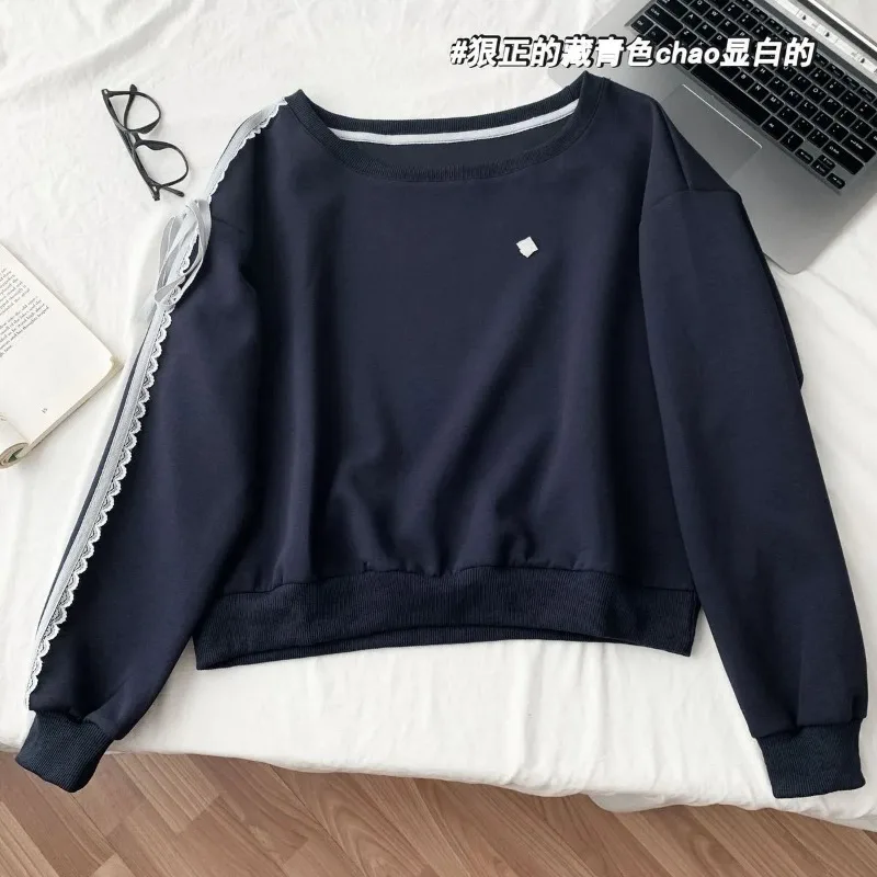Sweat-shirt à manches longues en dentelle avec nœud et épaules inclinées, haut ample, début d'automne, nouvelle collection