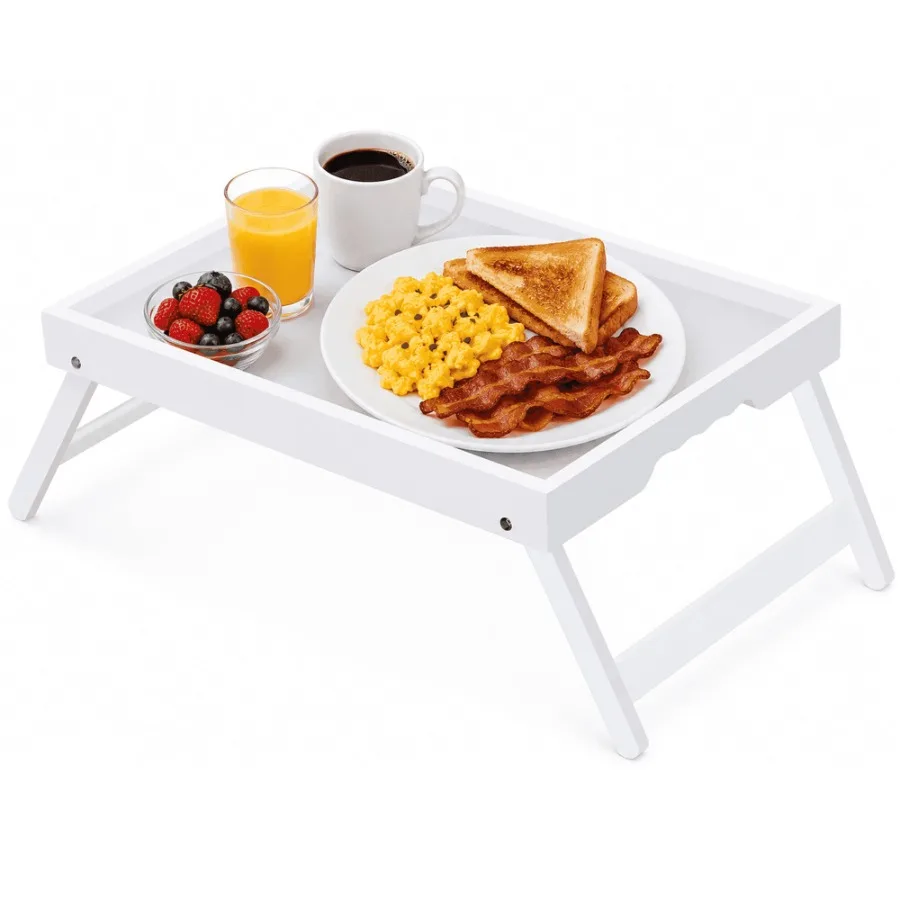 Bamboo Bed Tray Table with Folding Legs Breakfast in Bed Serving Tray Laptop Desk for Sofa Beds and Snacks White