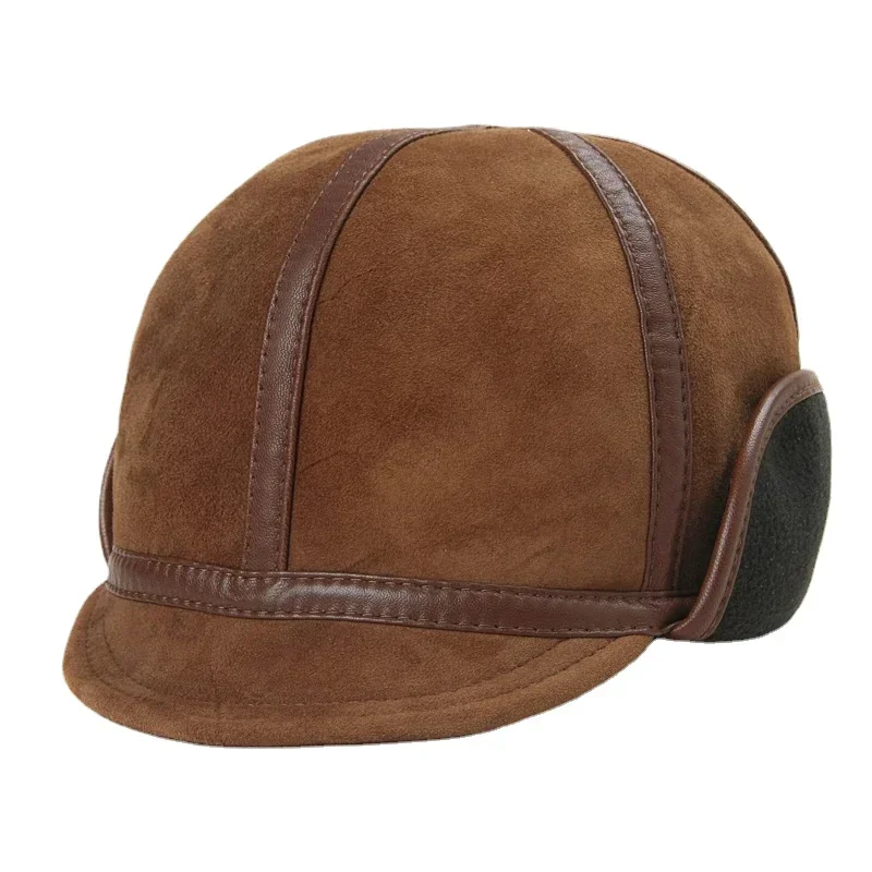 

Winter Men's Soft Leather Short Brim Warm Bomber Hat Male Lightweight Suede Fur Caps With Earmuffs Windproof Lined Melon Chapeau