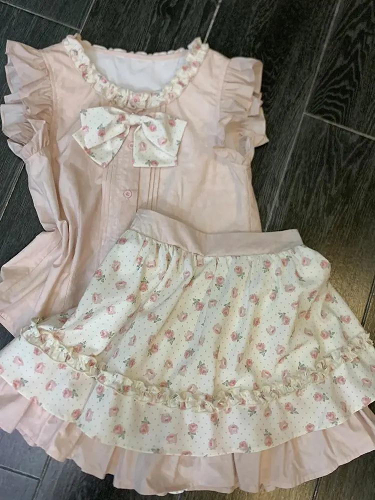 Japanese Pink Sweet Print Two Piece Set Elegant Sleeveless Top + Floral High Waisted Skirt Set Summer Bow Kawaii Ruched Outfits