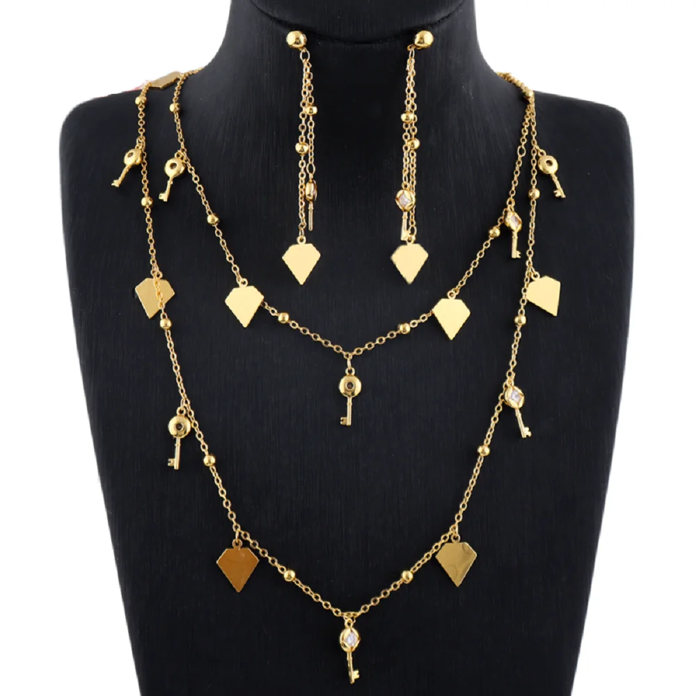 

Fashion Classic Gold Plated Long Necklace Chain Earrings Set for Women Girl Dubai Shine Jewelry Gift for Party Wedding Bride