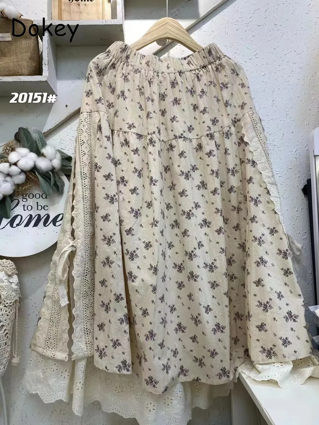 Gonna in lino di cotone Patchwork di pizzo ricamo Vintage da donna, stampa artistica, gonna lunga Casual a-line, allentata Kawaii Lolita, pieghettata