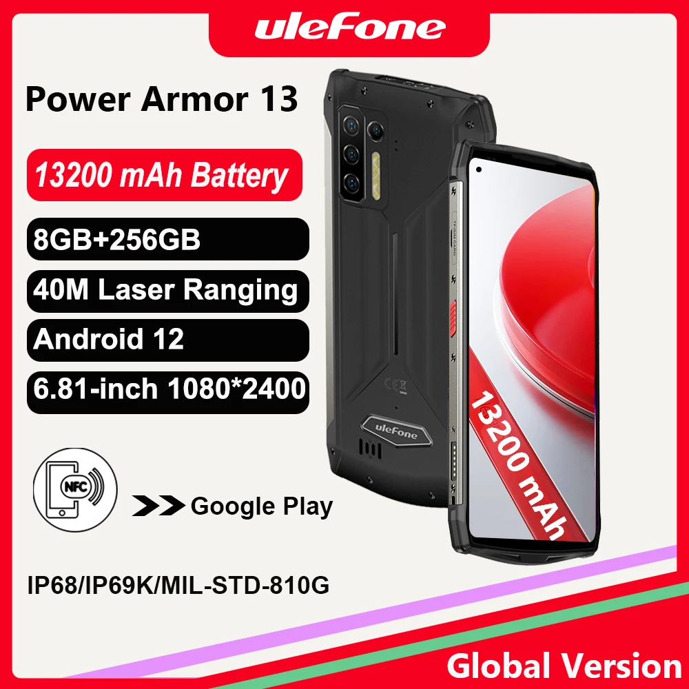 Ulefone Power Armor 13 Rugged Smartphone, Android 12 Mobile Phone, Helio G95 Octa-core, 8GB, 256GB, 48MP, 13200mAh, NFC, Global