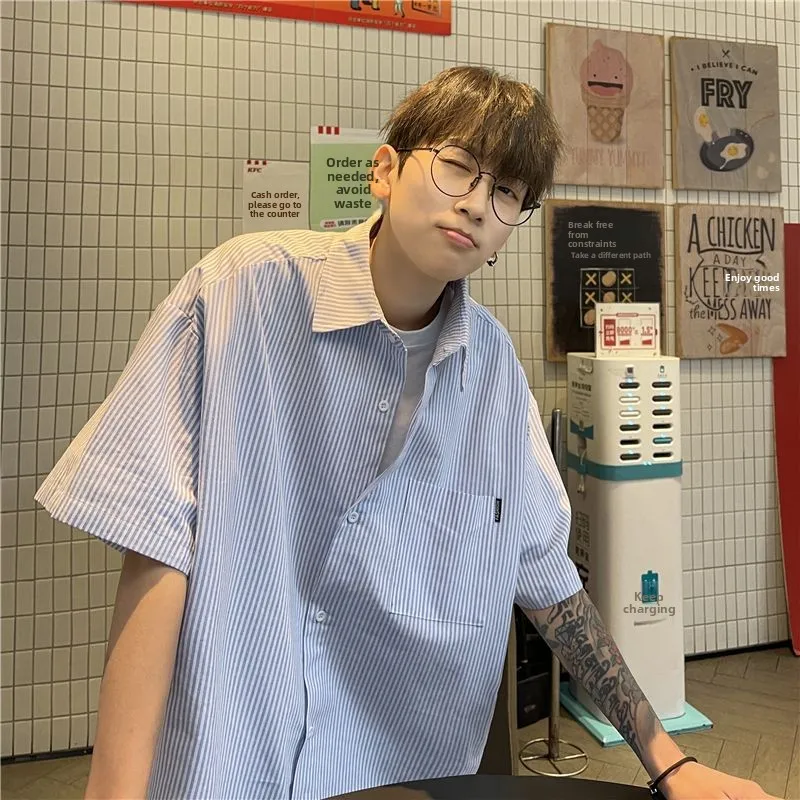 

Свободный крой, летняя мужская повседневная верхняя одежда в тонкую полоску ort Sve, модная брендовая застежка на пуговицы из полиэфирного волокна