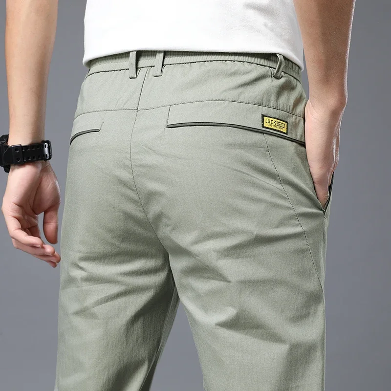 Summer Casual Pants, Men's Thin Business Drawstring Slim Fit Straight Leg Pants, Cotton Classic Solid Color Pants, Men's