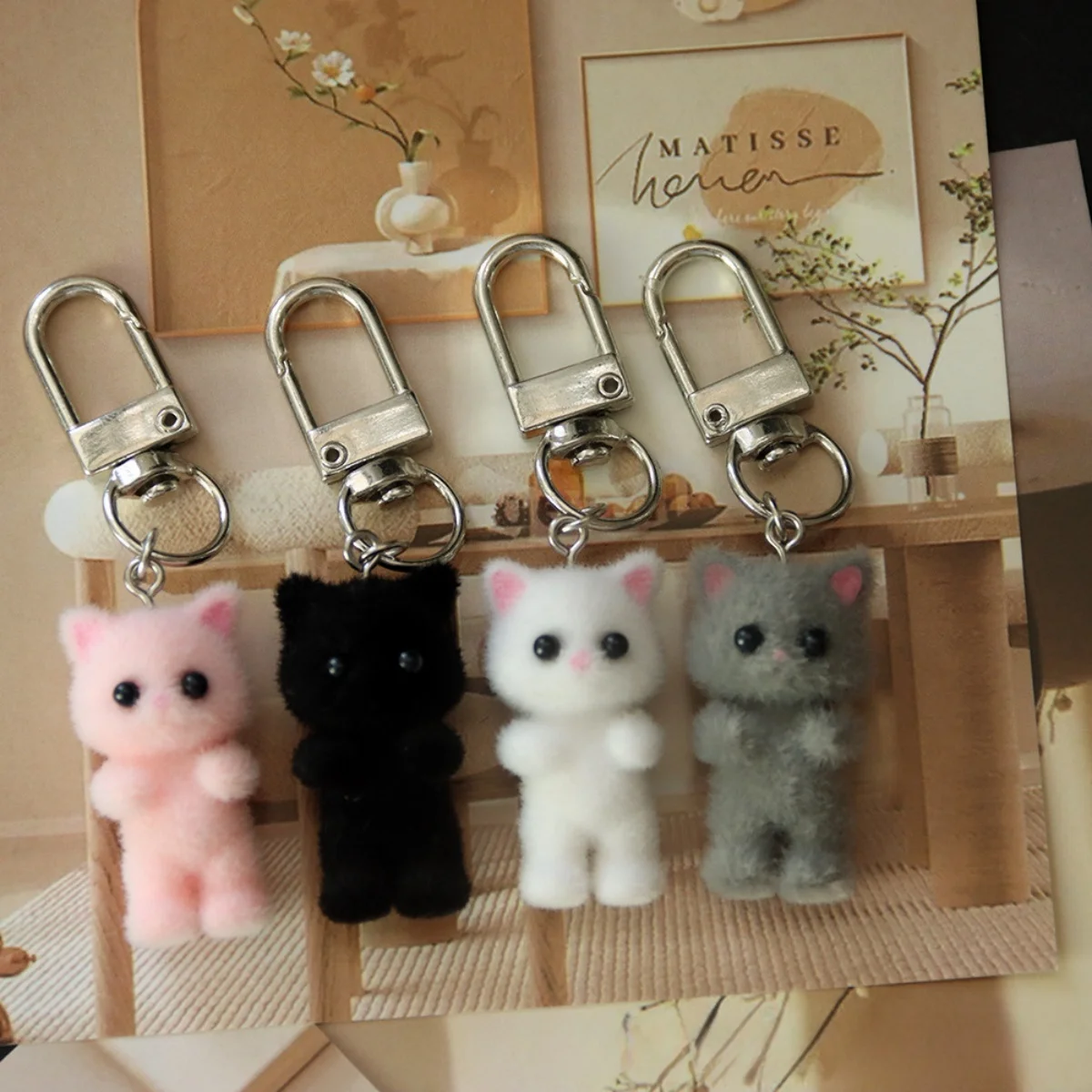 Cute 3D Flocking Kitten Keychain Cat Couple Mobile Phone Pendant Car Keyring Earphone Backpack Charms Bag Decor image 2