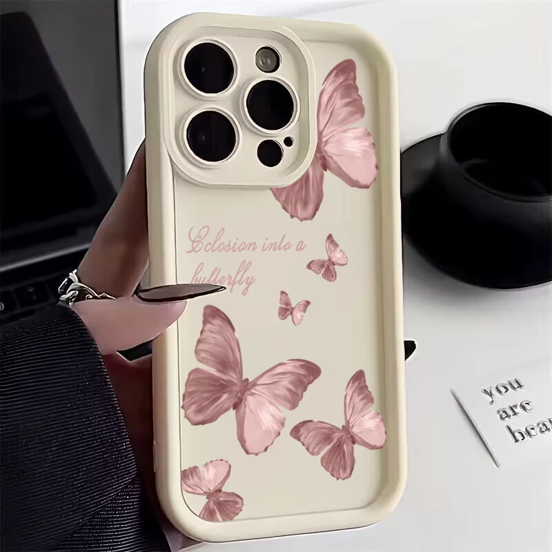 Funda de silicona con mariposa rosa para iPhone, carcasa trasera suave a prueba de golpes para modelos 15 Pro Max, 14, 13, 12, 11, XS, X, XR, 7, 8