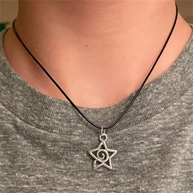 New Korean Fashion Hollow Star Swirl Pentagram Pendant Necklace for Women Men Black Rope Chain Choker Y2k Party Jewelry