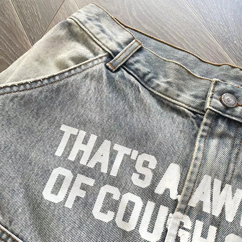 That's A Awful Lot of Cough Syrup Denim Shorts Letter Logo Printed Casual Washed Jeans - Image 6