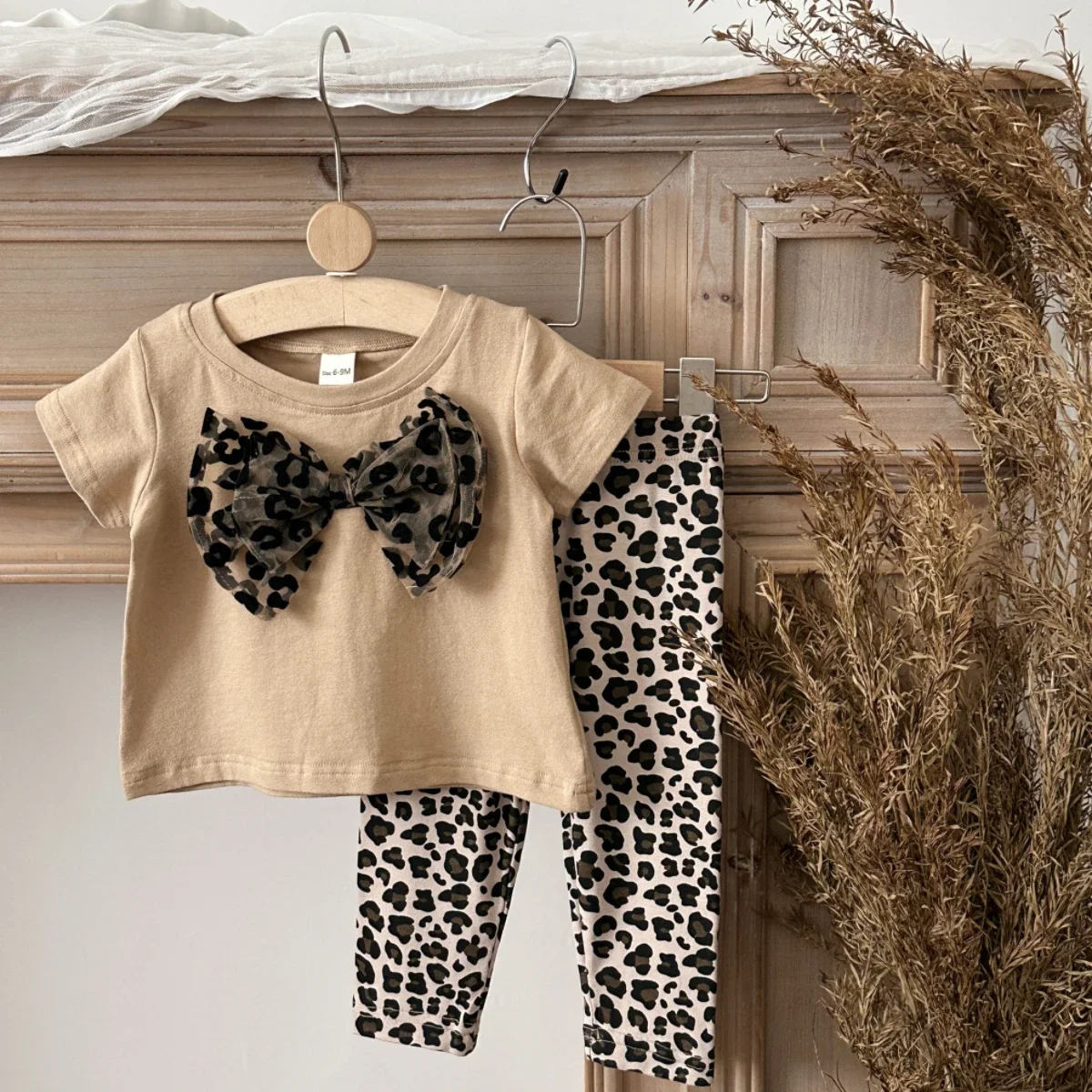 2PCS Infant Baby Girls Clothes Set Brown Short Sleeves T-shirt+leopard Print Pants Summer Daily Casual Outfit for Toddler 0-3Y