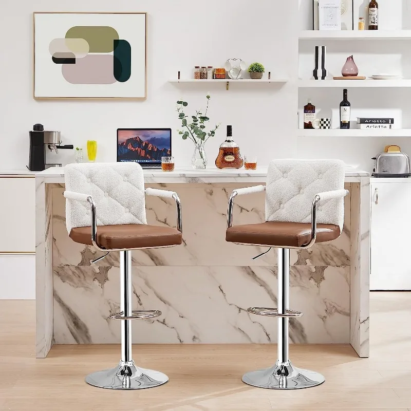 Bar Stools, Adjustable Bar Stools Set of 2, Counter Height Barstool with Back and Arms, Swivel PU Leather Bar Chairs for Kitchen