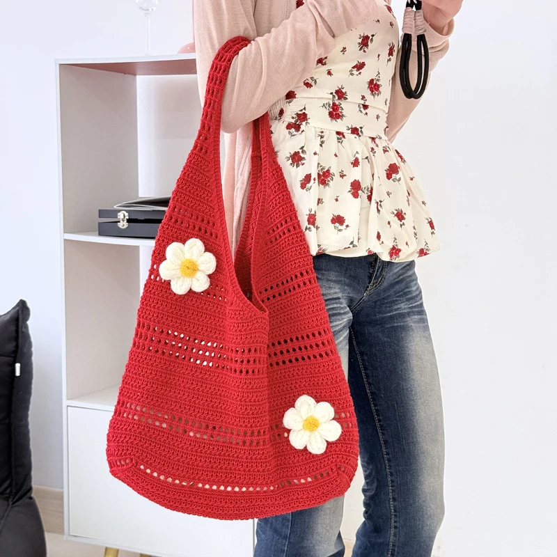 3D-Blumen-Hohlstrick-Umhängetasche, Koreanische Damen-Handtasche in Süßer, Niedlicher Einfarbiger Ausführung, für Pendeln und Freizeitreisen – Detail 15