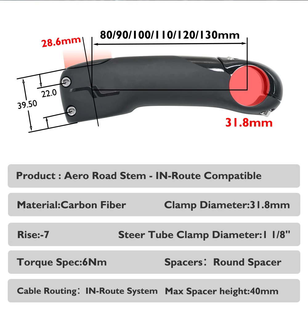 SES Aero Integrierter Rennrad-Vorbau, Carbonfaser-Design mit versteckter Kabelführung, -7 ° Winkelstütze, 80mm-130mm, 31,8mm Klemme, Fahrradzubehör – Detail 4
