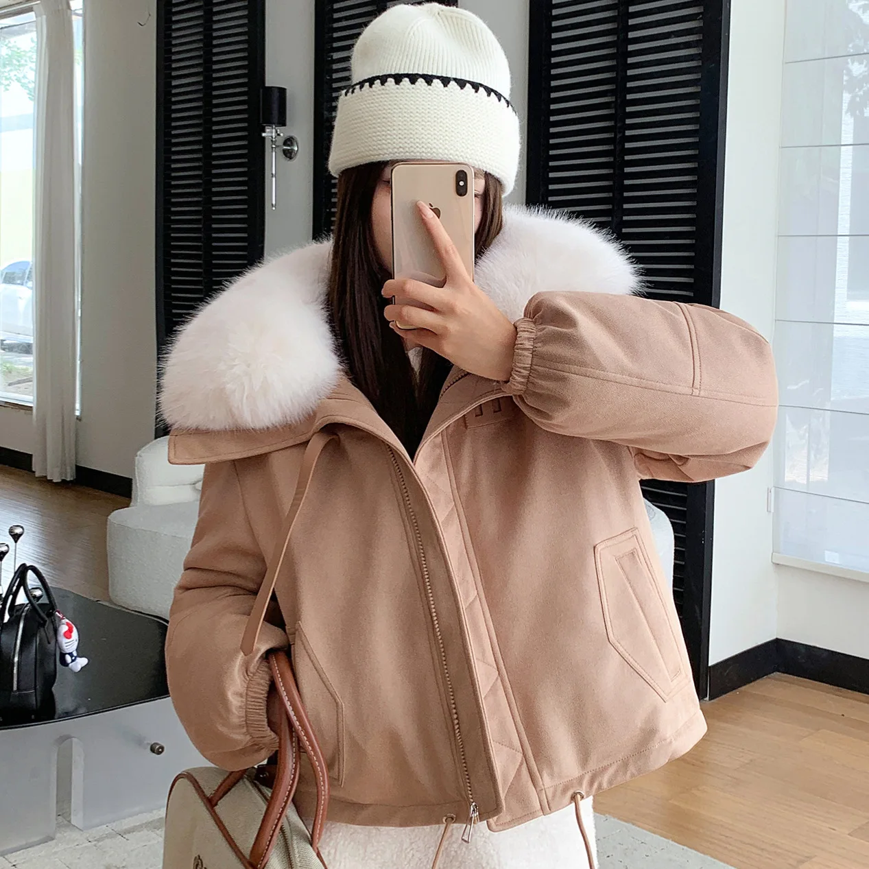 Short Women Parkas Coats Oversize Jackets Solid Big Fur Collar Zipper Drawstring Hem Loose Fit Thick Casual 2025 Autumn Winter