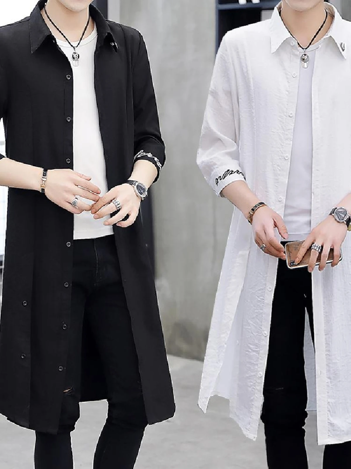 

Men's Summer Long Coat Thin Knee-Length Trendy Outerwear Cotton Polyester Blend Youth Faion Single Button Closure