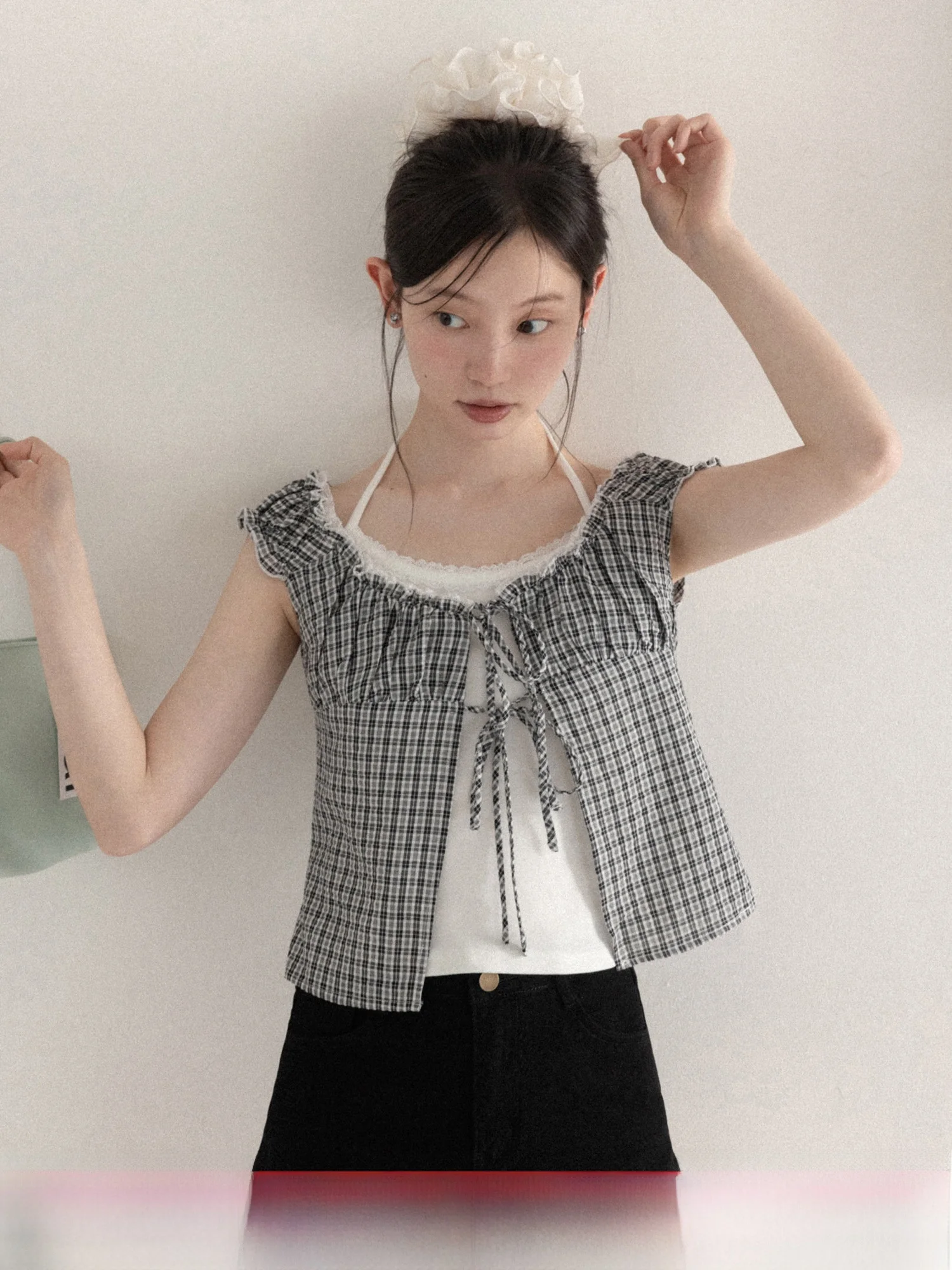 

Retro Slim Fit Bla Plaid irt Women's Spring 2026 Inner Tank Top Two-Piece Set Breathable Cotton Casual Sle Long Sve