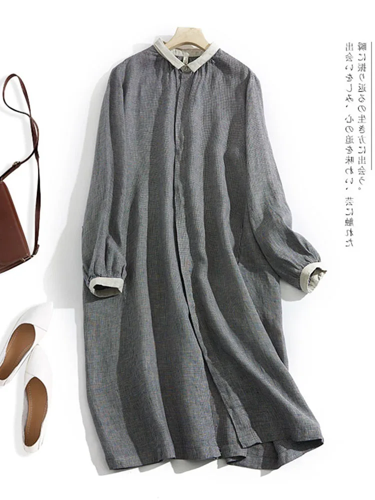 

Весенне-осенняя клетчатая хлопково-льняная одежда Dr, женская одежда большого размера, цветная блузка с отложным воротником, длинный све, утягивающий ли...