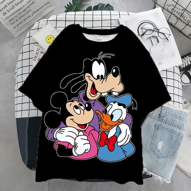 ديسني-تيشيرت هاراجو بأكمام قصيرة ، طباعة كرتون لطيفة ، ميكي ، دونالد دك ، رقبة مستديرة ، قمم نسائية ، الصيف