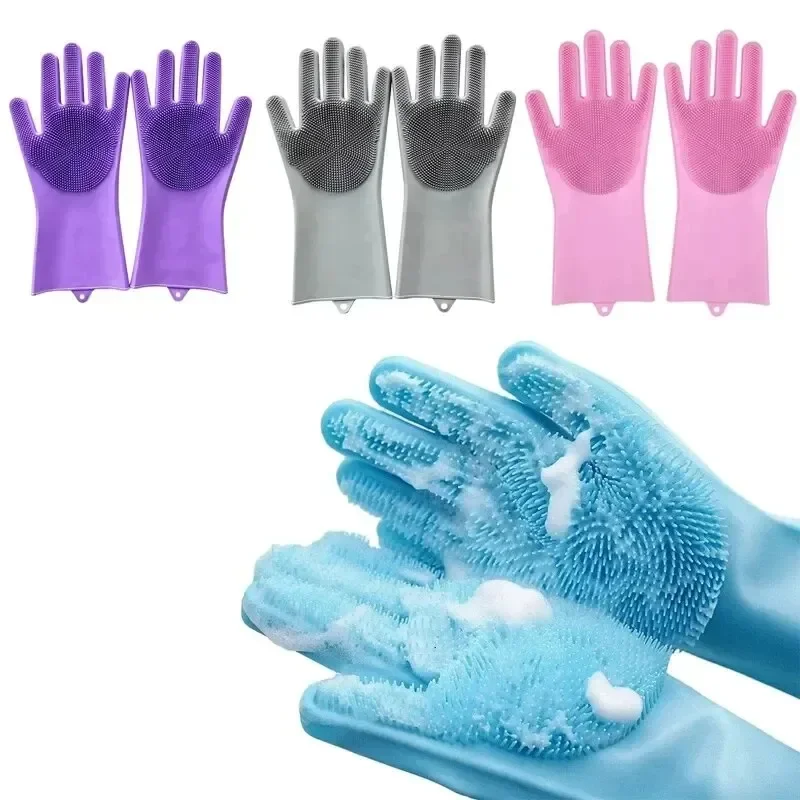 

Dishwashing Cleaning Gloves Magic Silicone Rubber Dish Washing Gloves for Household Sponge Scrubber Kitchen Cleaning Tools