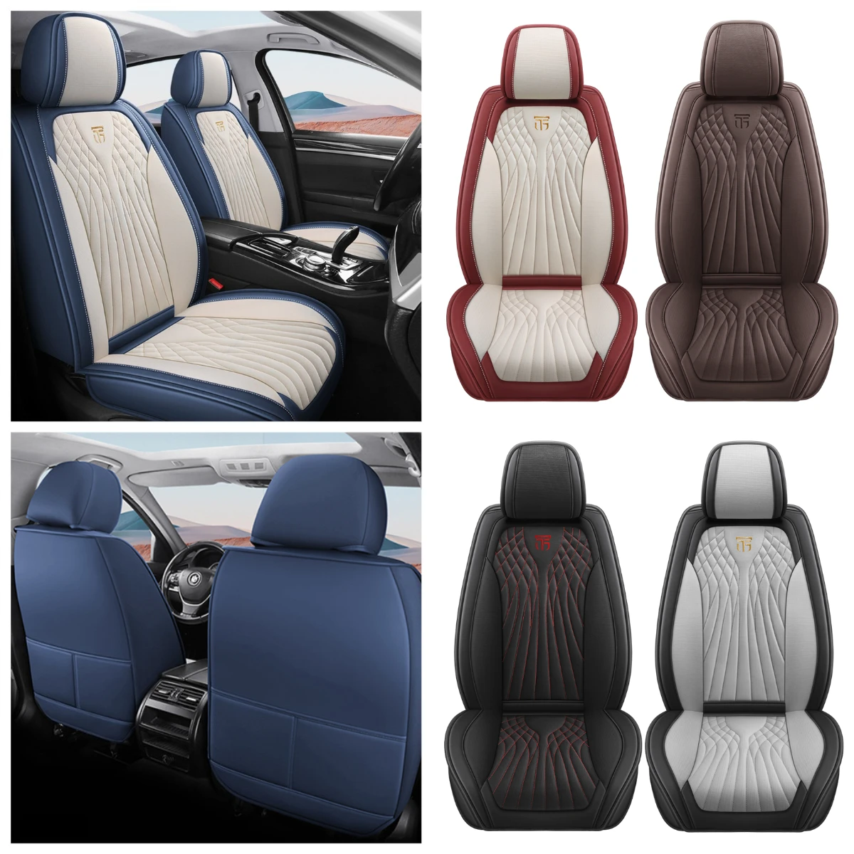 

1 pc Premium Nappa Leather Color blocking Car Seat Covers 3D sewing Breathable Comfortable & Soft Easy Fit Most Cars