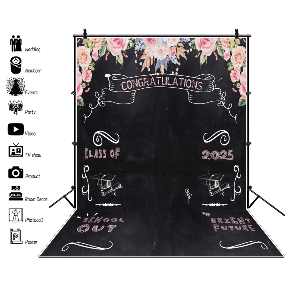 Graduation Backdrop for Photography Class of 2025 Congratulations Graduates Prom Party Glitter Balloon Bachelor Caps Background