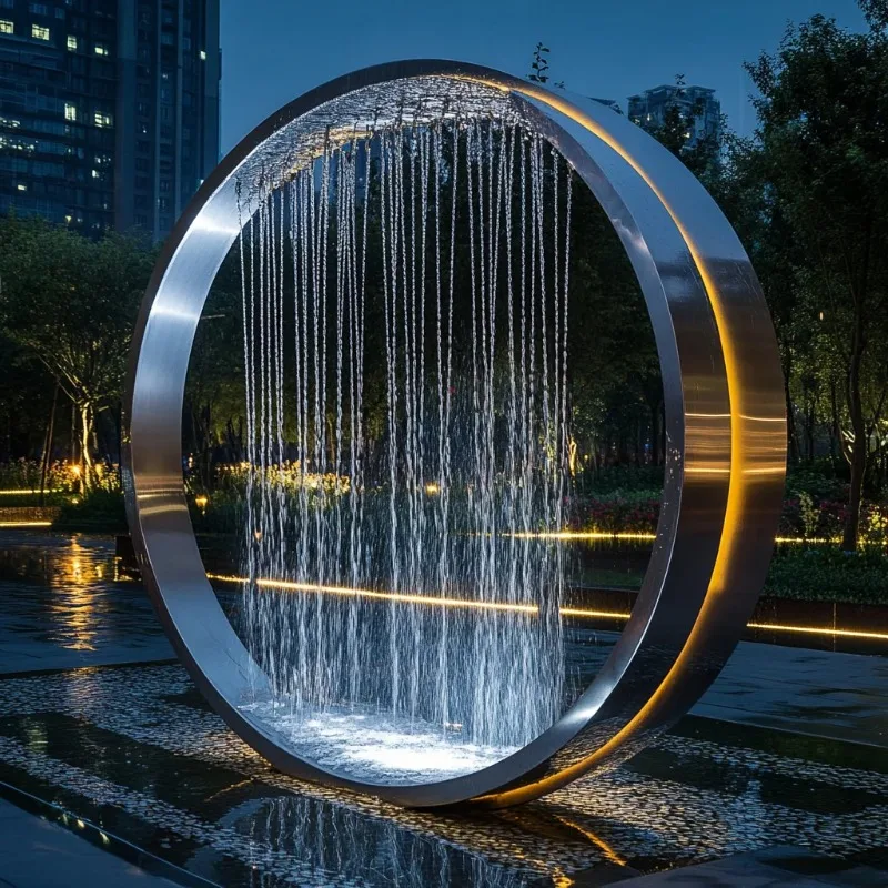 City Garden Decorative Art Metal LED Light Ring Waterfall Fountain with Outdoor Stainless Steel Waterfall Fountain