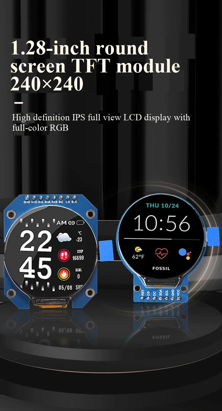 1,28/1,54-Zoll rundes TFT-Modul mit 240x240 hochauflösendem IPS-Vollbild-LCD-Display in Vollfarben-RGB – Detail 2