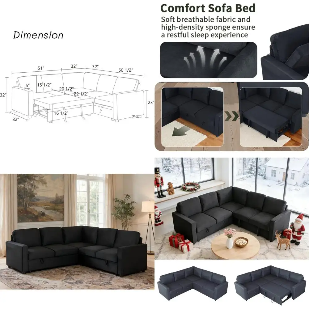 

Разборный диван-кровать с выдвижным спальным местом, L-образный диван-шезлонг с местом для хранения, 5-местный раскладной диван-кровать, черная мебель для гостиной