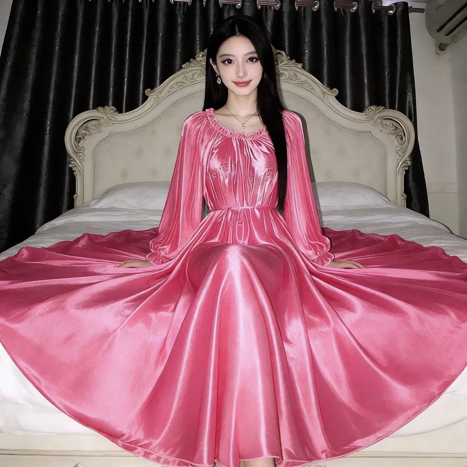 

Unisex Glossy Ice Silk Satin Long Dress Loose Pajamas Maxi Dress Ruffles Pullover Elegant Dresses Sleeping Wear