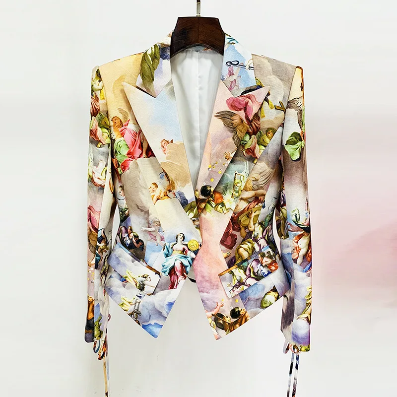 

Spring and Autumn Fashion Tie Rope Slim Fit Waist Retro Renaissance Angel Long Sleeve Printed Suit Jacket Women's Commuter Suit