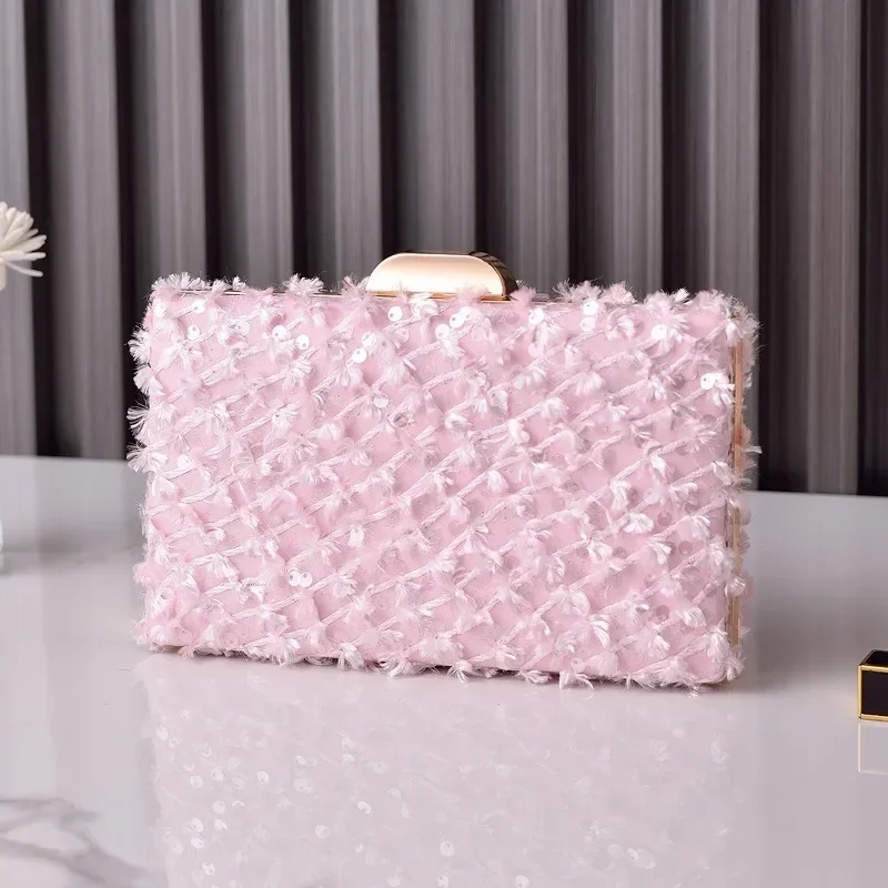 Flocking Sequined Pink Evening Bags Pure Color Women's Clutch Purse Vintage Prom Party High End Bright Line White Hand Bags