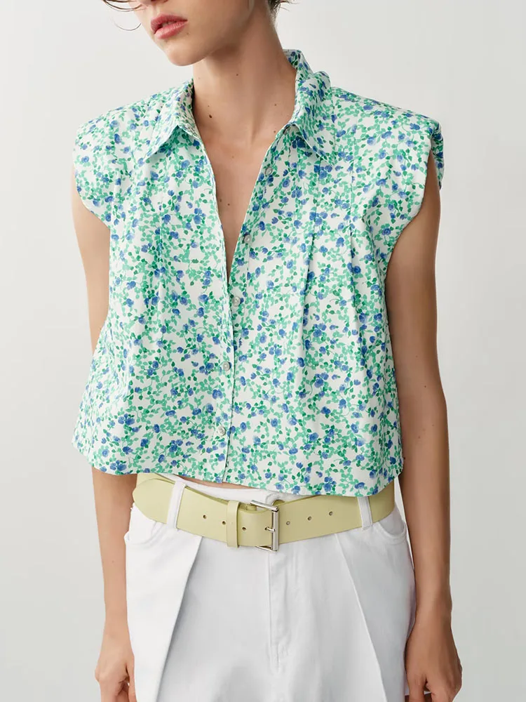 

New 2026 Women's Fashion Pad Shoulder Sleeveless Collared Floral Print Short Shirt Top Summer Collection 1165131 330