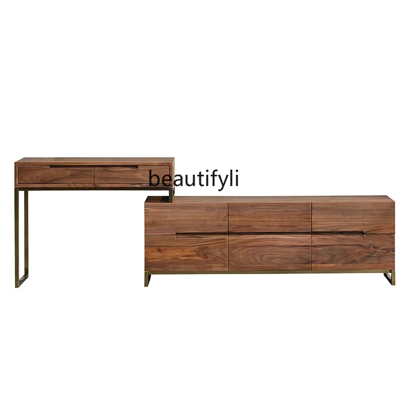 

P Nordic black walnut TV cabinet light luxury all solid wood drawer locker dresser combination