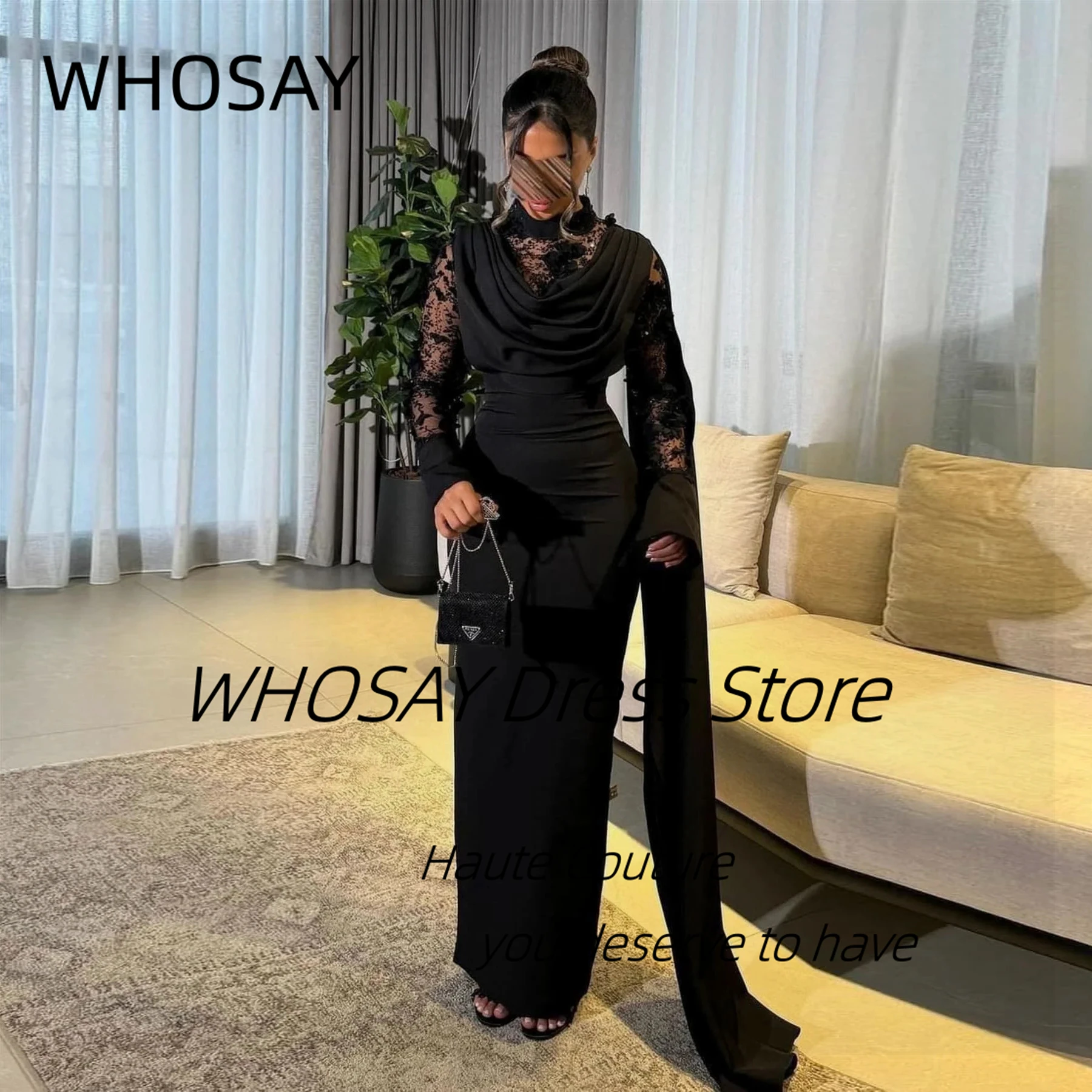 

WHOSAY High Collar Long Sleeves Prom Dresses Customized Pick Ups Flutters Evening Dress Saudi Arabia Women Wear Black Party Gown