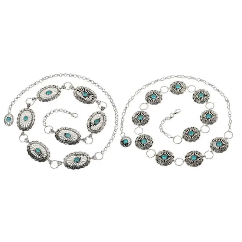 

652F Elegant Ladies Alloy Waist Belt Delicate Carved Turquoise Buckle Belt Banquet Dress Women Bohemian Seaside Waist Belt